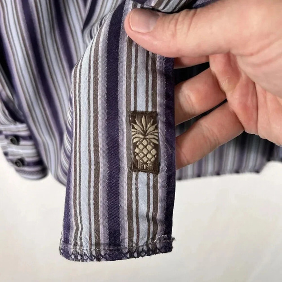 Tommy Bahama Dress Shirt Men's Medium Purple Striped 100% Silk Button Up - Picture 8 of 13